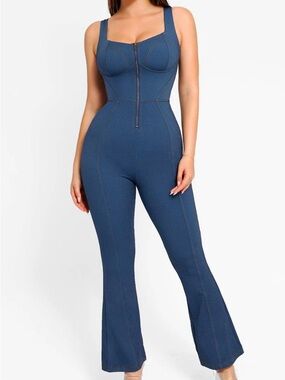NWT Popilush XS Shapewear Sculpting Lightweight DenimTank Flare Leg Jumpsuit